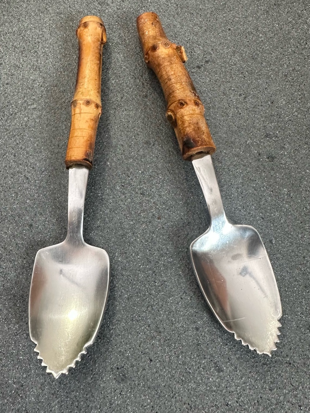 Vintage Grapefruit Spoons (2) Bamboo Wood Handle Serrated Stainless